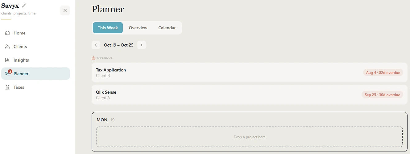 Savyx weekly planner with overdue projects listed first and projects scheduled by day